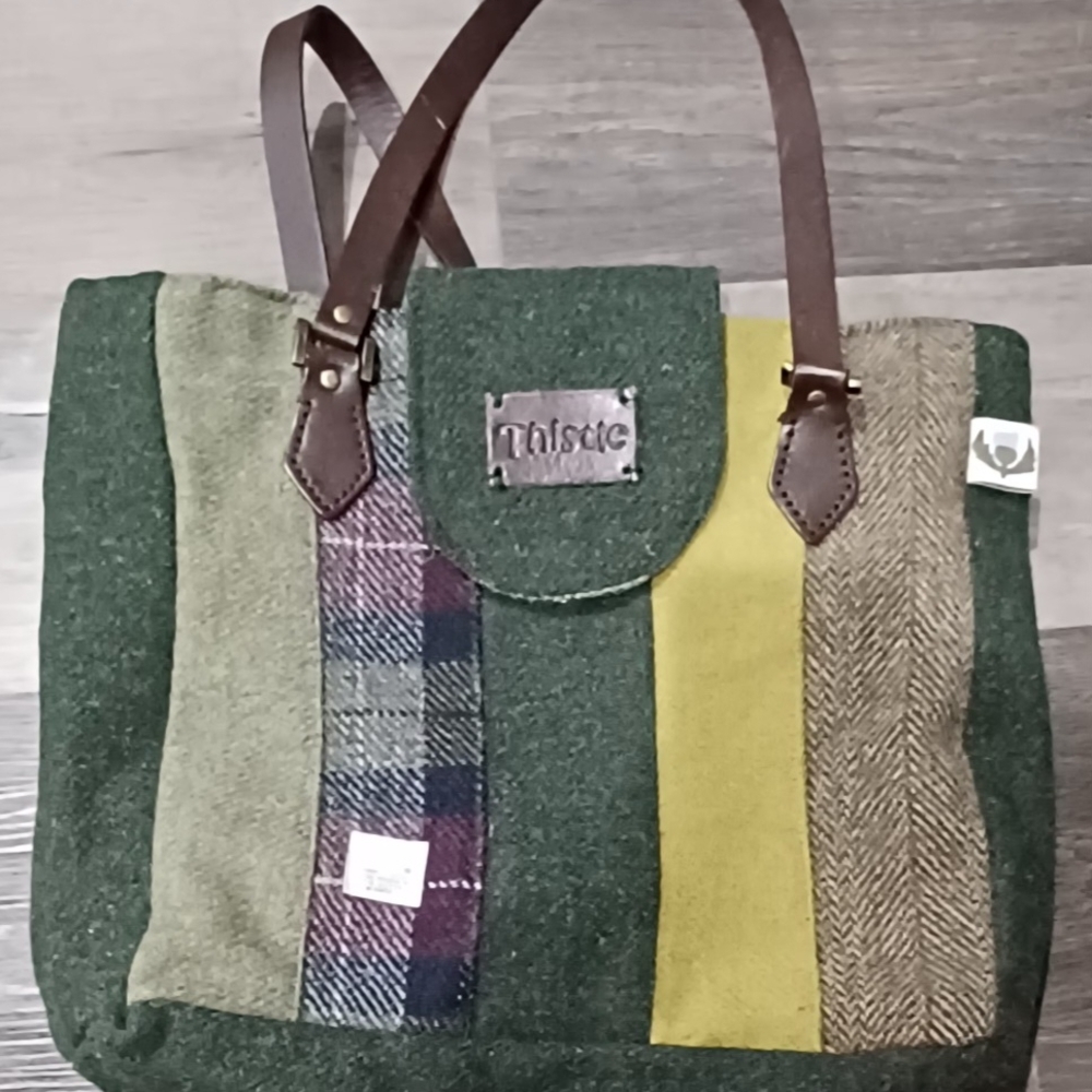 Green Patchwork Harris Tweed Wool Tote Bag with Leather Handles